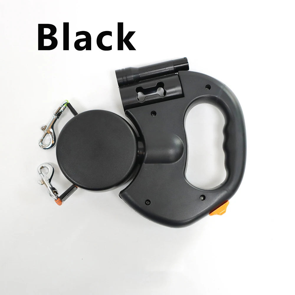 3-IN-1 Duel Retractable Dog Leash With LED light & waste holder -- Tangle-free 360 Degree Control for 2 dogs