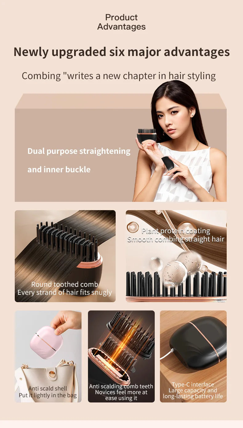 2026 Mini Cordless Hair Straightening Brush – Rechargeable USB Wireless Straightener (Anti-Scald) with 3 Heat Levels, Wet & Dry Use, Up to 200°C