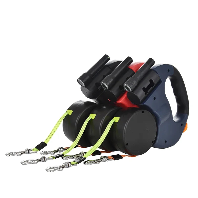 3-IN-1 Duel Retractable Dog Leash With LED light & waste holder -- Tangle-free 360 Degree Control for 2 dogs