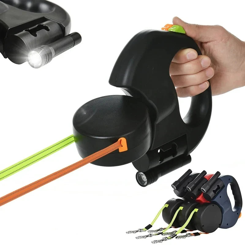 3-IN-1 Duel Retractable Dog Leash With LED light & waste holder -- Tangle-free 360 Degree Control for 2 dogs