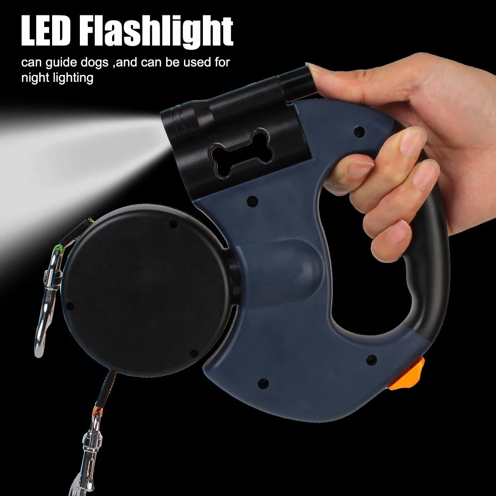3-IN-1 Duel Retractable Dog Leash With LED light & waste holder -- Tangle-free 360 Degree Control for 2 dogs