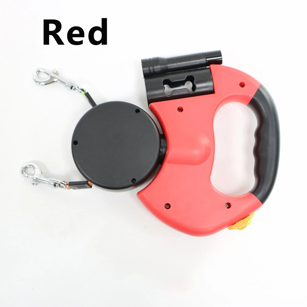 3-IN-1 Duel Retractable Dog Leash With LED light & waste holder -- Tangle-free 360 Degree Control for 2 dogs