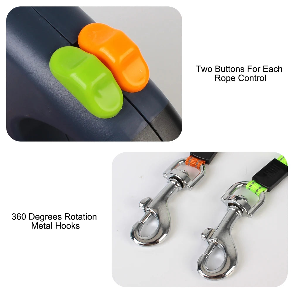 3-IN-1 Duel Retractable Dog Leash With LED light & waste holder -- Tangle-free 360 Degree Control for 2 dogs