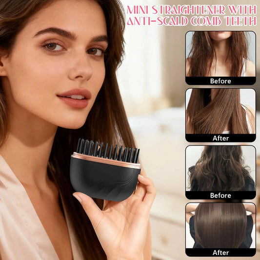 2026 Mini Cordless Hair Straightening Brush – Rechargeable USB Wireless Straightener (Anti-Scald) with 3 Heat Levels, Wet & Dry Use, Up to 200°C