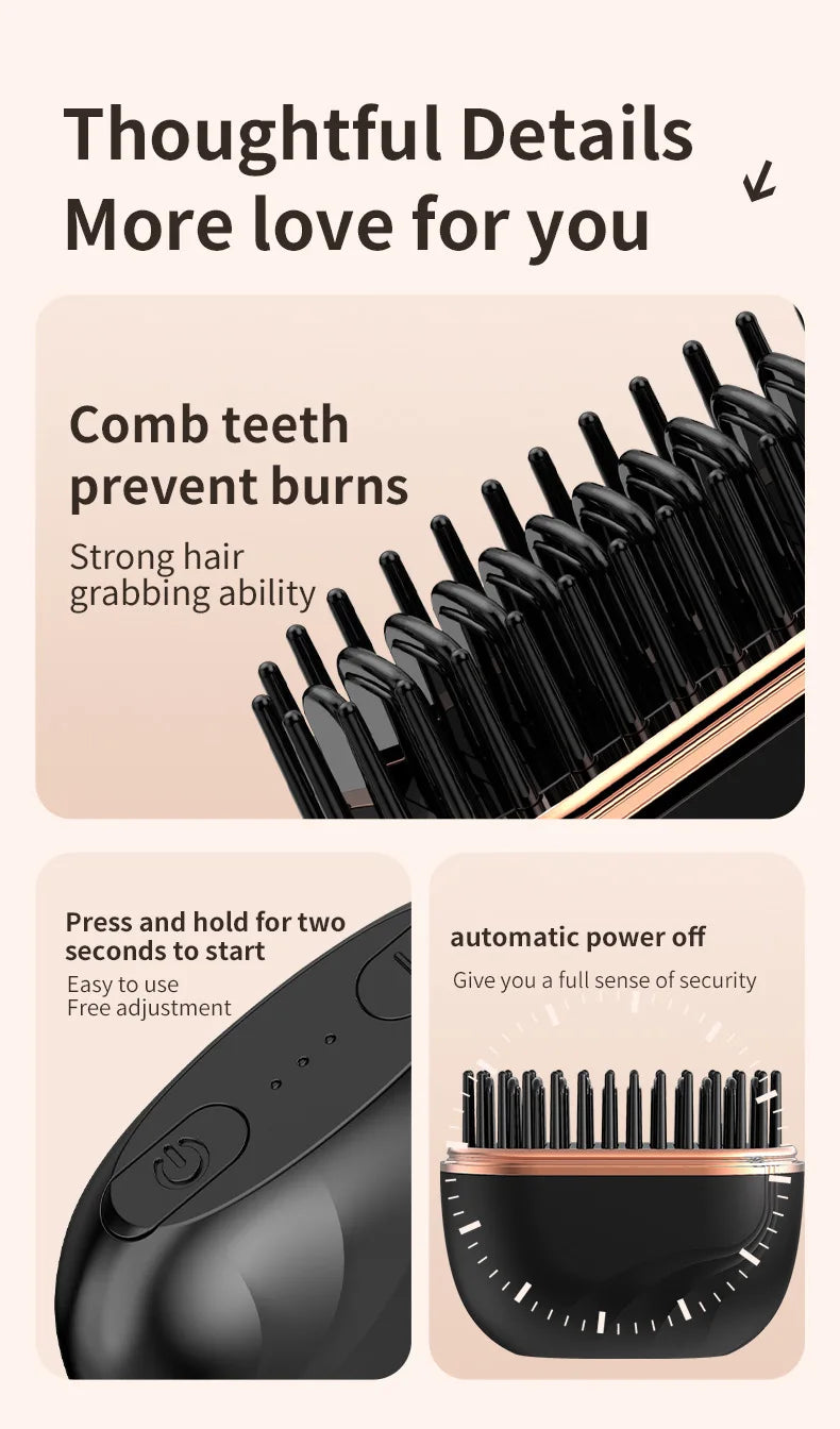 2026 Mini Cordless Hair Straightening Brush – Rechargeable USB Wireless Straightener (Anti-Scald) with 3 Heat Levels, Wet & Dry Use, Up to 200°C