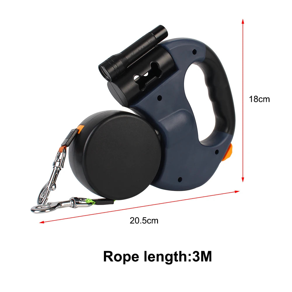3-IN-1 Duel Retractable Dog Leash With LED light & waste holder -- Tangle-free 360 Degree Control for 2 dogs
