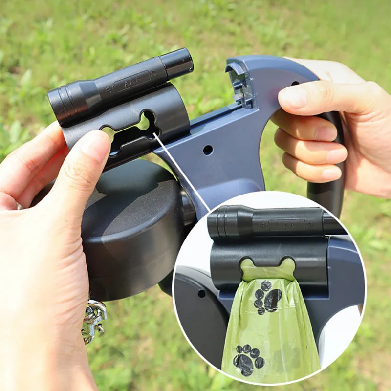 3-IN-1 Duel Retractable Dog Leash With LED light & waste holder -- Tangle-free 360 Degree Control for 2 dogs