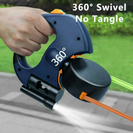 3-IN-1 Duel Retractable Dog Leash With LED light & waste holder -- Tangle-free 360 Degree Control for 2 dogs