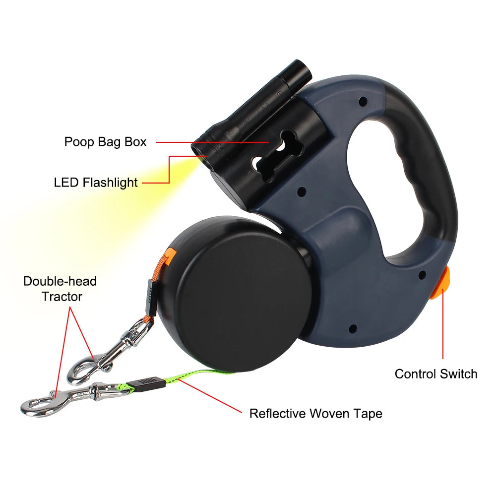 3-IN-1 Duel Retractable Dog Leash With LED light & waste holder -- Tangle-free 360 Degree Control for 2 dogs