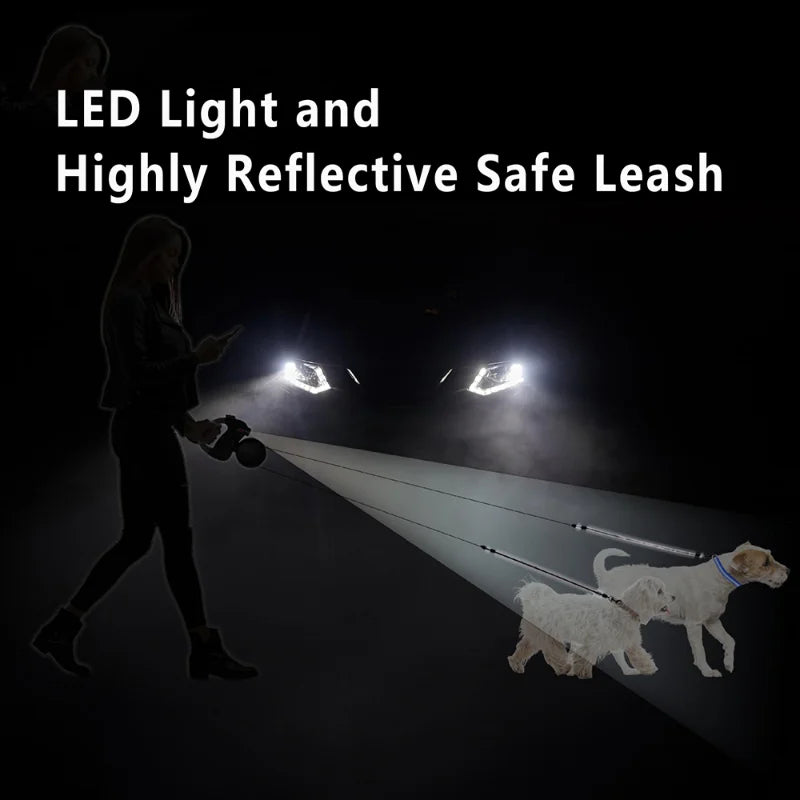 3-IN-1 Duel Retractable Dog Leash With LED light & waste holder -- Tangle-free 360 Degree Control for 2 dogs