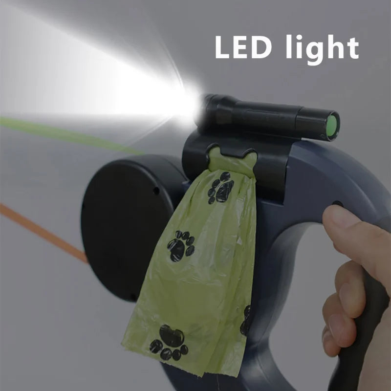 3-IN-1 Duel Retractable Dog Leash With LED light & waste holder -- Tangle-free 360 Degree Control for 2 dogs