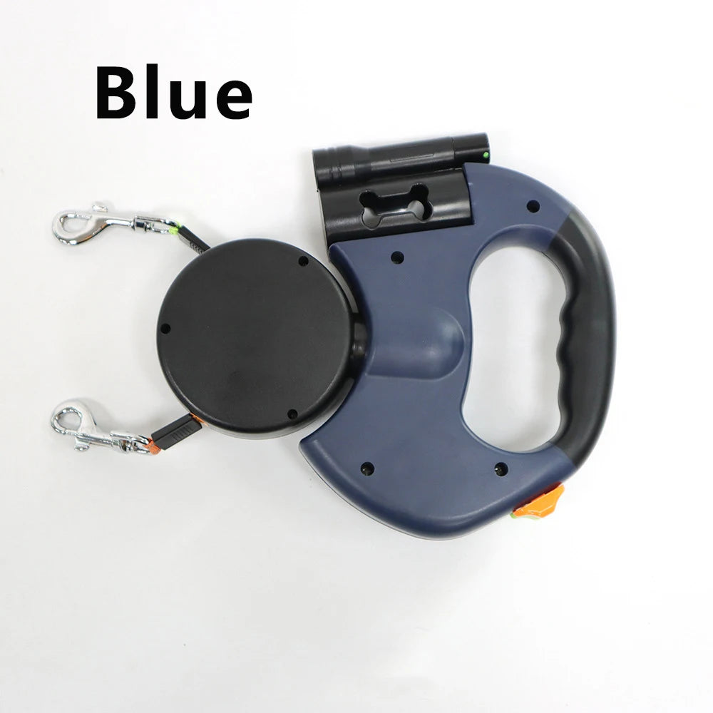 3-IN-1 Duel Retractable Dog Leash With LED light & waste holder -- Tangle-free 360 Degree Control for 2 dogs