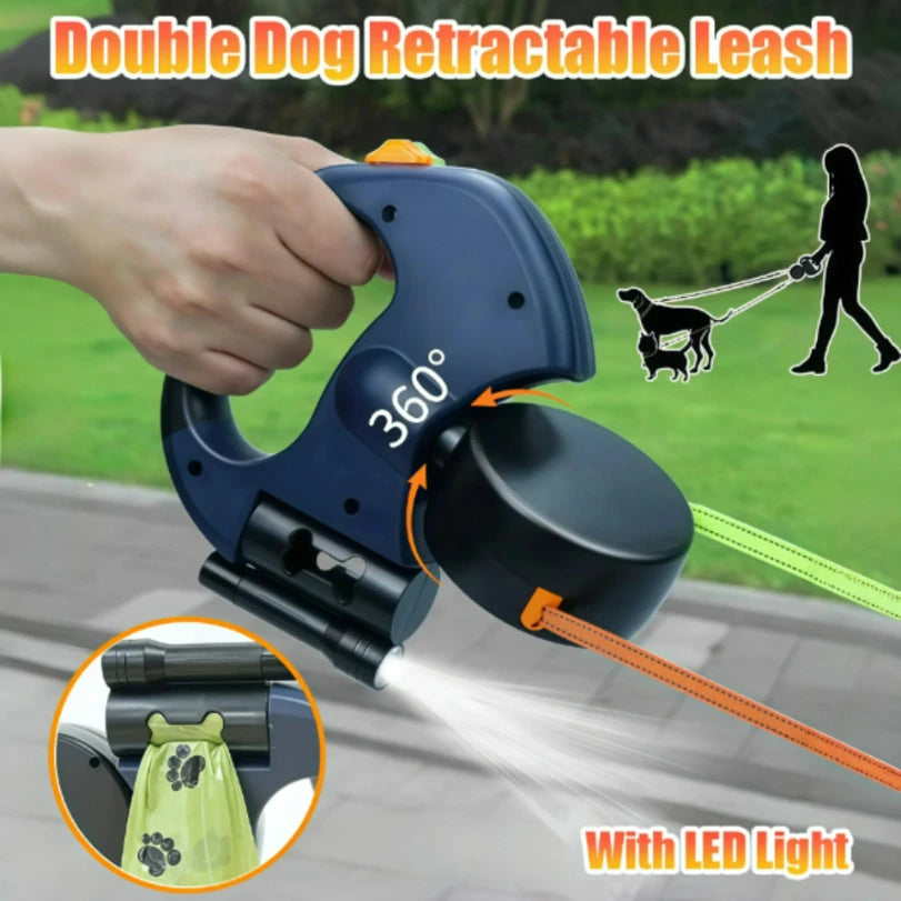 3-IN-1 Duel Retractable Dog Leash With LED light & waste holder -- Tangle-free 360 Degree Control for 2 dogs