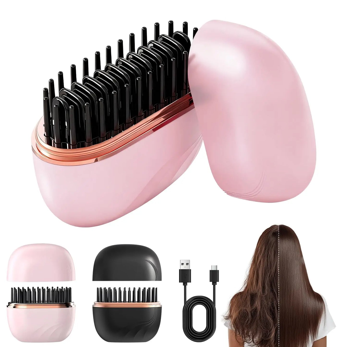 2026 Mini Cordless Hair Straightening Brush – Rechargeable USB Wireless Straightener (Anti-Scald) with 3 Heat Levels, Wet & Dry Use, Up to 200°C