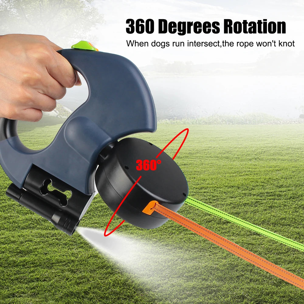 3-IN-1 Duel Retractable Dog Leash With LED light & waste holder -- Tangle-free 360 Degree Control for 2 dogs