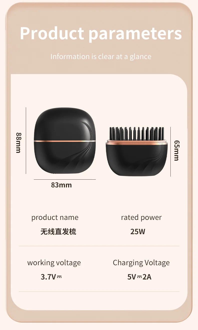 2026 Mini Cordless Hair Straightening Brush – Rechargeable USB Wireless Straightener (Anti-Scald) with 3 Heat Levels, Wet & Dry Use, Up to 200°C